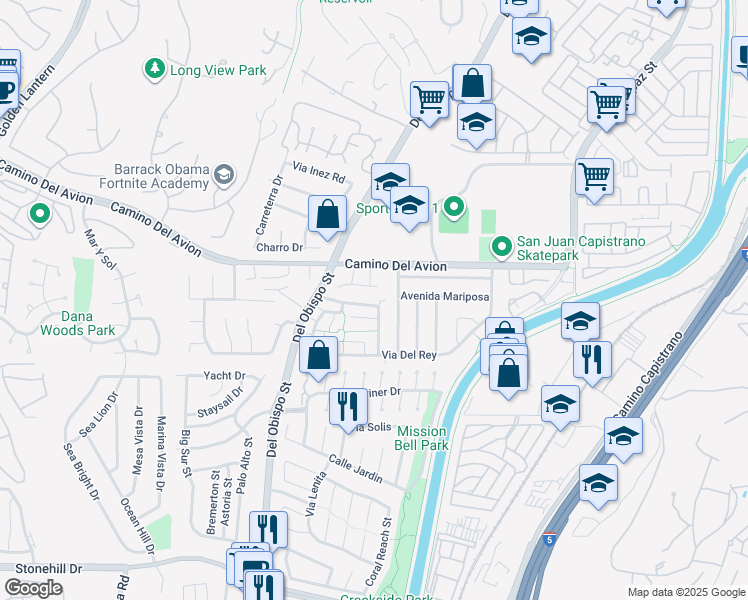 map of restaurants, bars, coffee shops, grocery stores, and more near 25751 Avenida Pedrigal in San Juan Capistrano