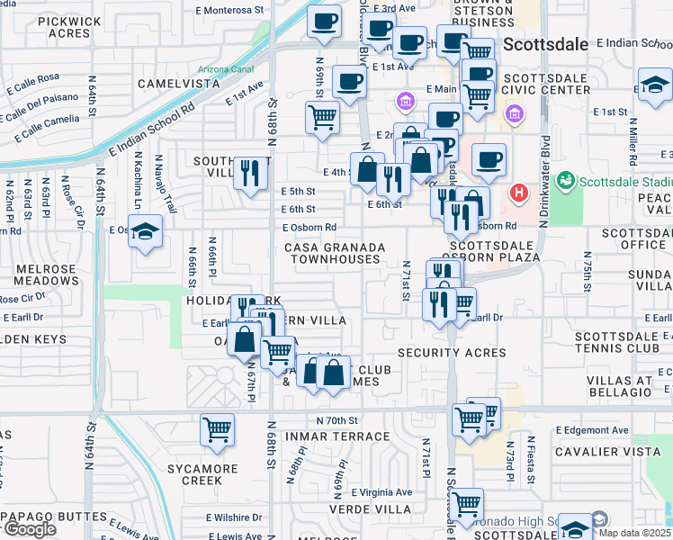 map of restaurants, bars, coffee shops, grocery stores, and more near 6957 East Osborn Road in Scottsdale
