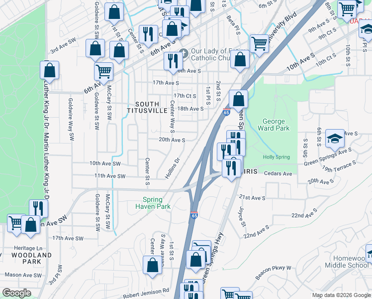 map of restaurants, bars, coffee shops, grocery stores, and more near 2007 Hollins Drive in Birmingham