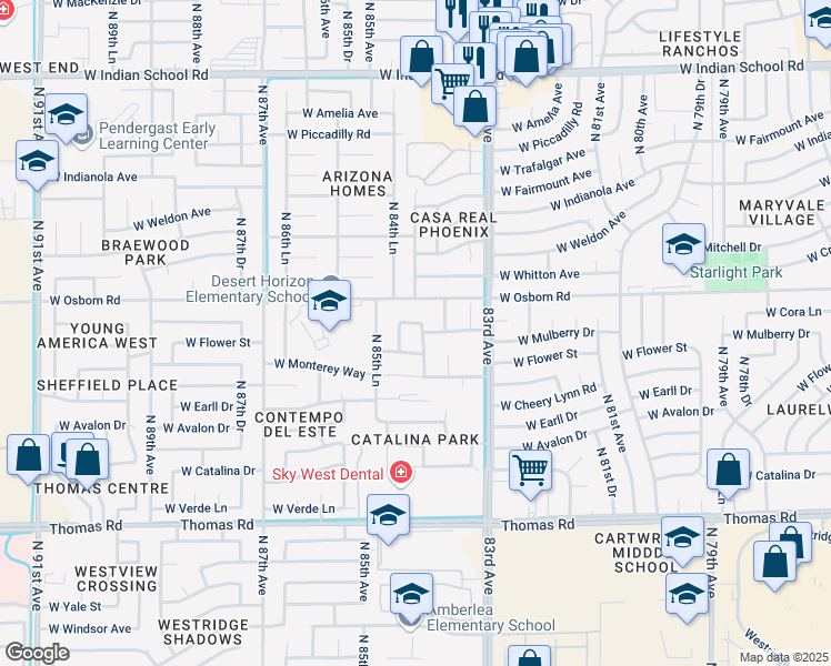 map of restaurants, bars, coffee shops, grocery stores, and more near 3314 N 84th Dr in Phoenix