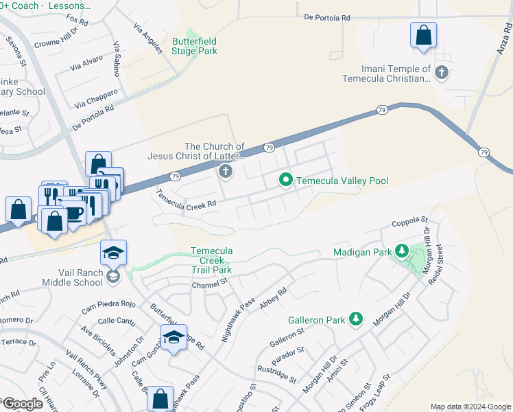 map of restaurants, bars, coffee shops, grocery stores, and more near 43990 Cindy Circle in Temecula