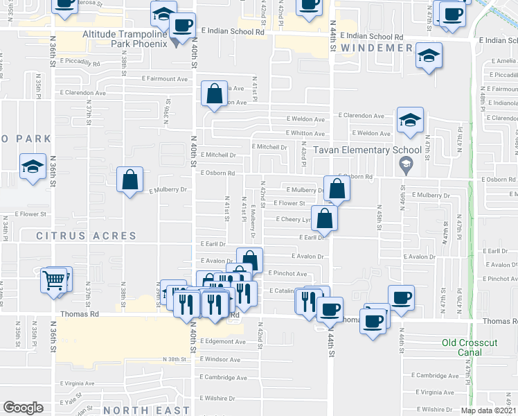 map of restaurants, bars, coffee shops, grocery stores, and more near 3206 N 42nd St in Phoenix