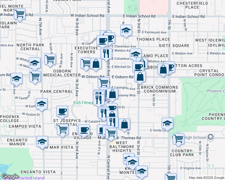 map of restaurants, bars, coffee shops, grocery stores, and more near 1 East Lexington Avenue in Phoenix