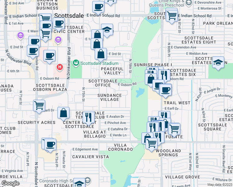 map of restaurants, bars, coffee shops, grocery stores, and more near 7791 East Osborn Road in Scottsdale