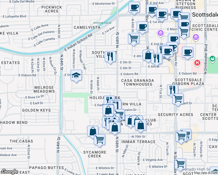 map of restaurants, bars, coffee shops, grocery stores, and more near 6715 East Angus Drive in Scottsdale