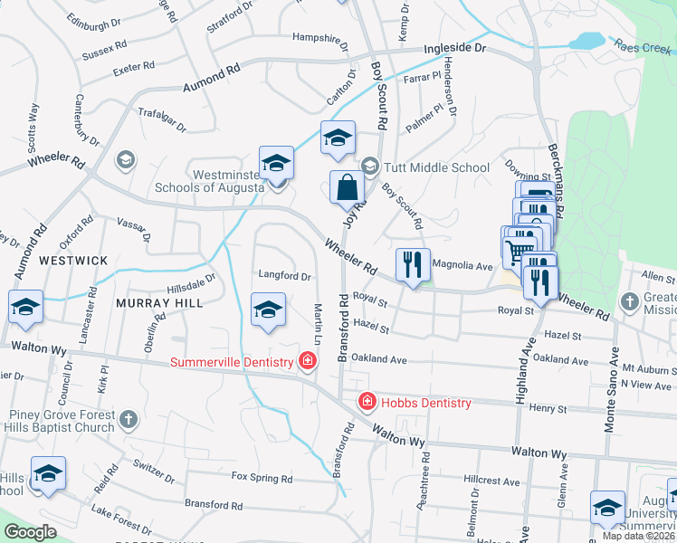 map of restaurants, bars, coffee shops, grocery stores, and more near 607 Bransford Road in Augusta