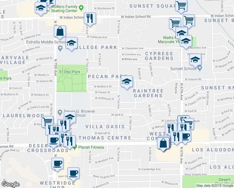 map of restaurants, bars, coffee shops, grocery stores, and more near 7101 West Flower Street in Phoenix
