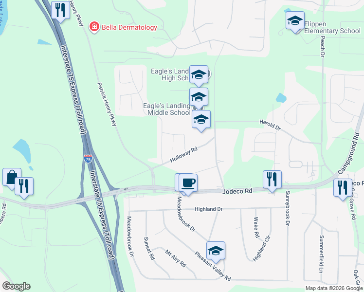 map of restaurants, bars, coffee shops, grocery stores, and more near 109 Eagle's Crest Lane in McDonough