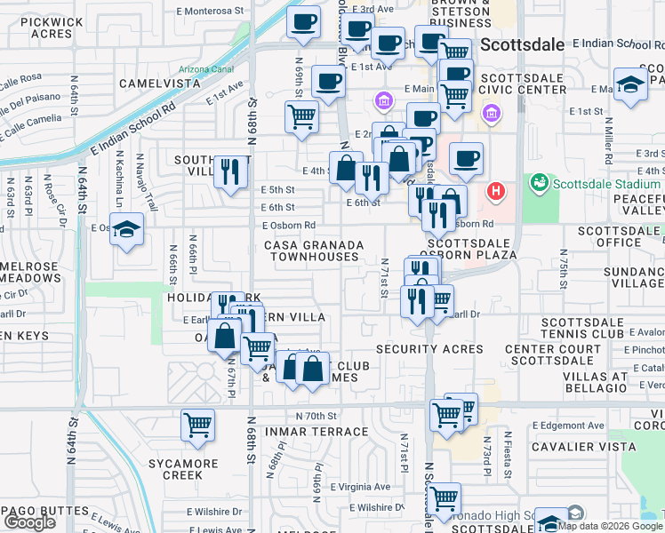 map of restaurants, bars, coffee shops, grocery stores, and more near 6957 East Osborn Road in Scottsdale