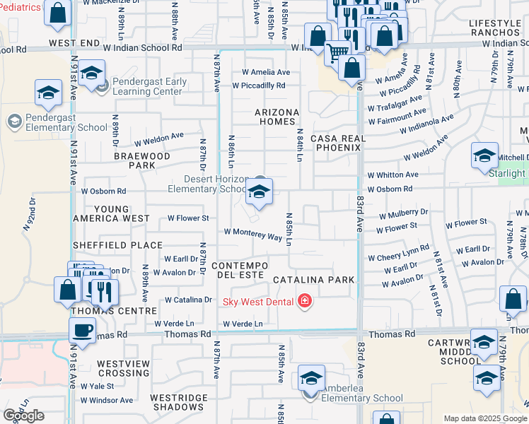 map of restaurants, bars, coffee shops, grocery stores, and more near 8525 West Osborn Road in Phoenix