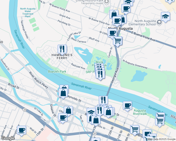 map of restaurants, bars, coffee shops, grocery stores, and more near 339 Railroad Avenue in North Augusta