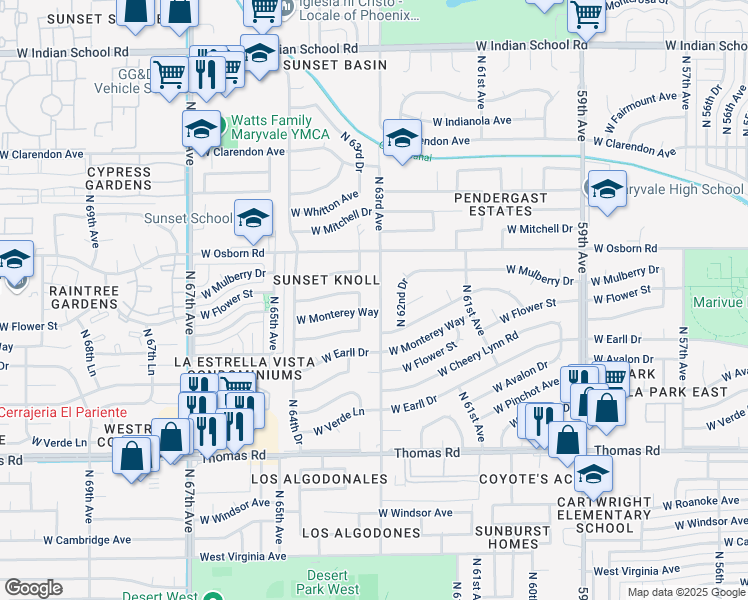 map of restaurants, bars, coffee shops, grocery stores, and more near 3310 N 63rd Ave in Phoenix