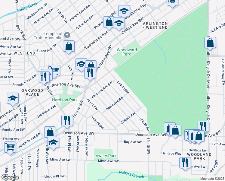 map of restaurants, bars, coffee shops, grocery stores, and more near 1120 15th Street Southwest in Birmingham