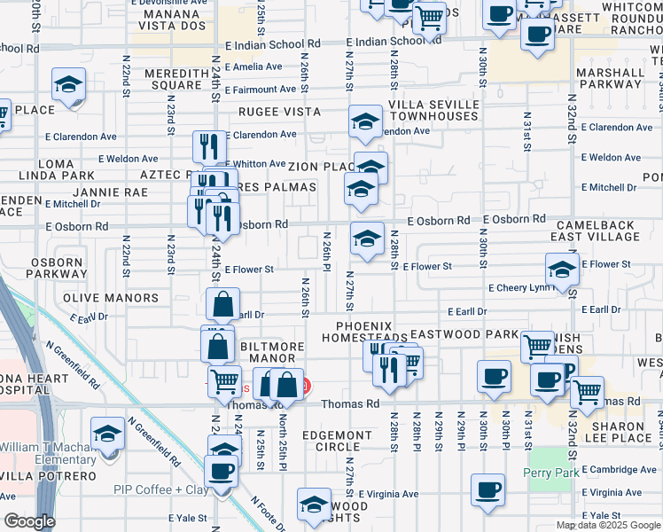 map of restaurants, bars, coffee shops, grocery stores, and more near 3203 North 26th Place in Phoenix