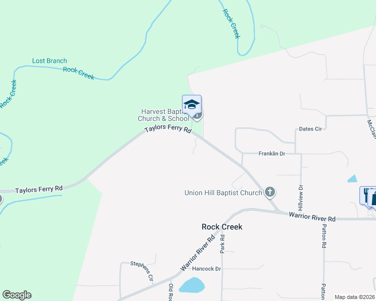 map of restaurants, bars, coffee shops, grocery stores, and more near 7208 Taylors Ferry Road in Bessemer