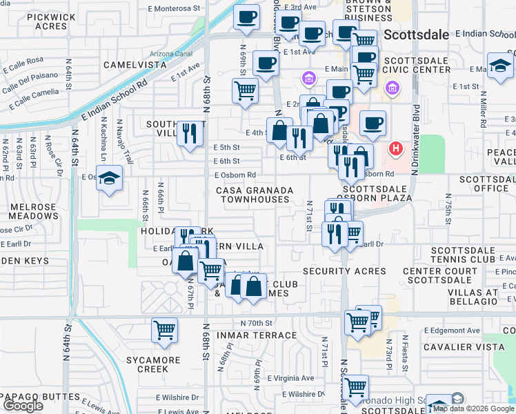 map of restaurants, bars, coffee shops, grocery stores, and more near 6957 East Osborn Road in Scottsdale