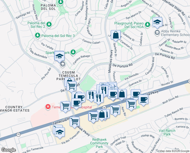 map of restaurants, bars, coffee shops, grocery stores, and more near 44158 Calle Ciuita in Temecula