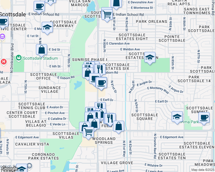 map of restaurants, bars, coffee shops, grocery stores, and more near 8030 East Monterey Way in Scottsdale