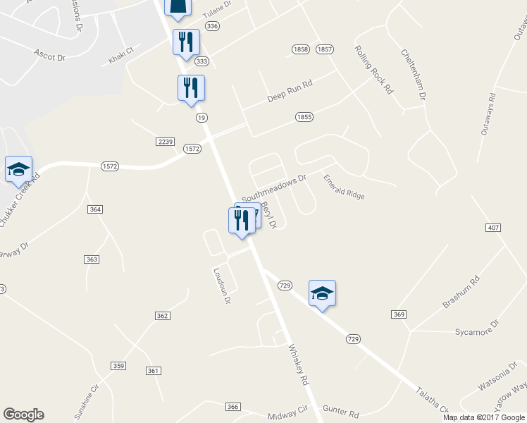 map of restaurants, bars, coffee shops, grocery stores, and more near 330 Beryl Drive in Aiken