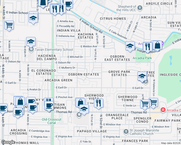 map of restaurants, bars, coffee shops, grocery stores, and more near 3313 North 50th Place in Phoenix
