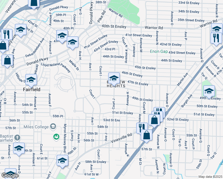 map of restaurants, bars, coffee shops, grocery stores, and more near 945 48th Street Ensley in Birmingham