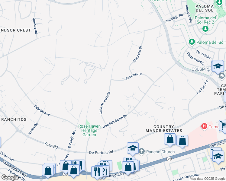 map of restaurants, bars, coffee shops, grocery stores, and more near 43744 Calle De Velardo in Temecula