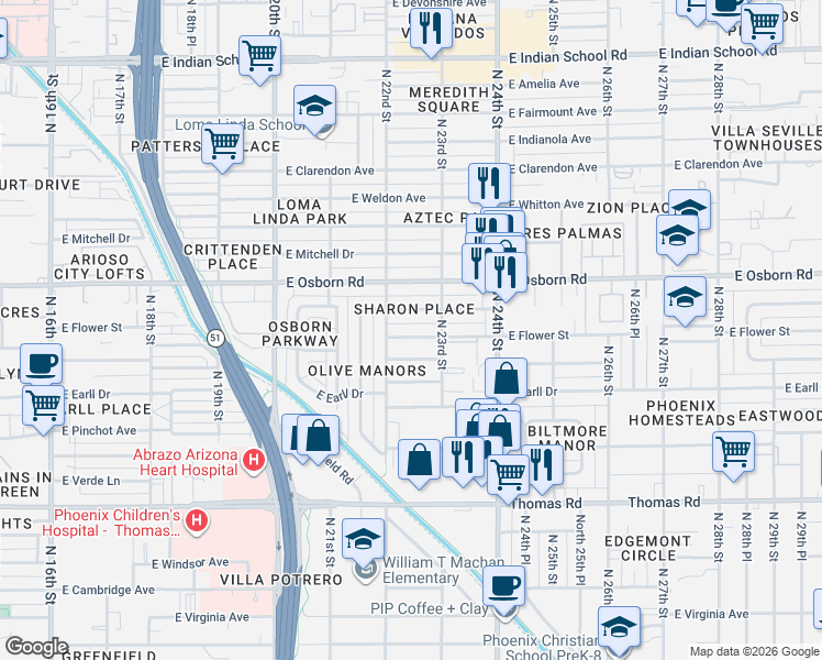 map of restaurants, bars, coffee shops, grocery stores, and more near 2220 East Flower Street in Phoenix
