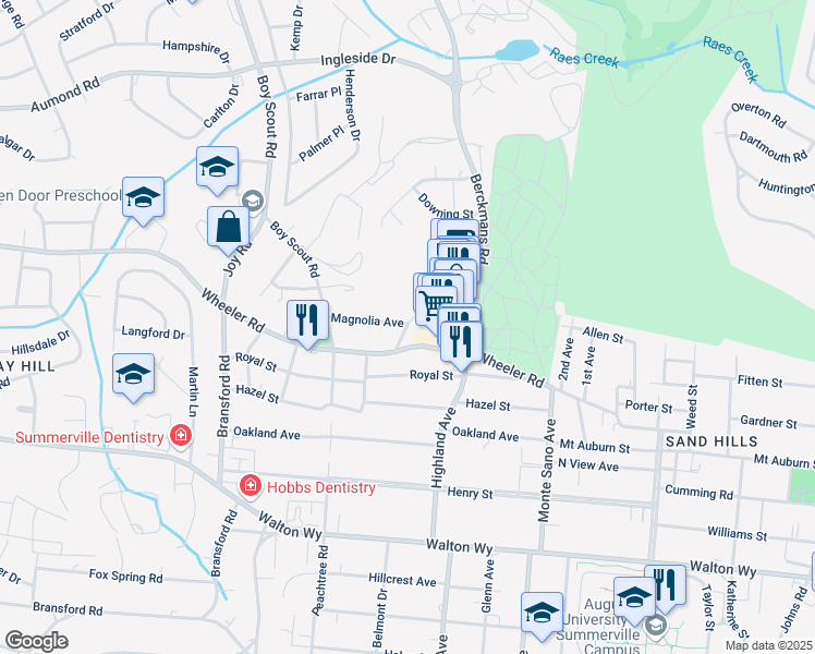 map of restaurants, bars, coffee shops, grocery stores, and more near 510 Downing Street in Augusta