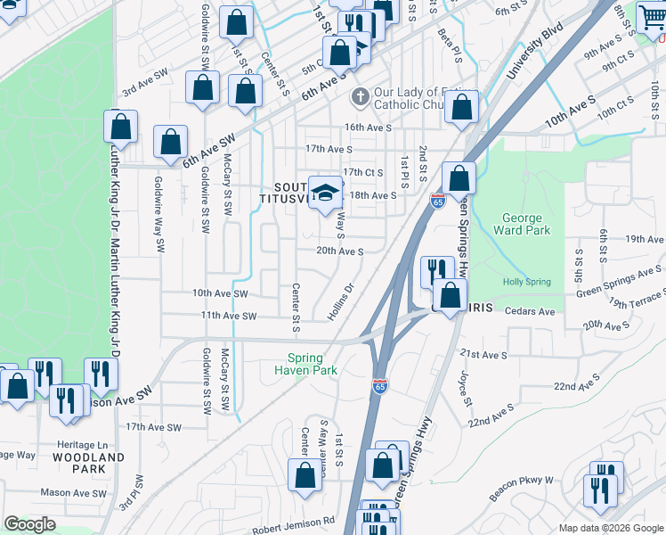 map of restaurants, bars, coffee shops, grocery stores, and more near 2006 Center Way South in Birmingham