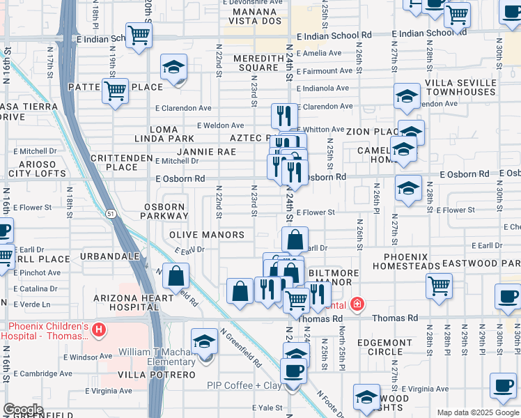 map of restaurants, bars, coffee shops, grocery stores, and more near 2308 East Flower Street in Phoenix