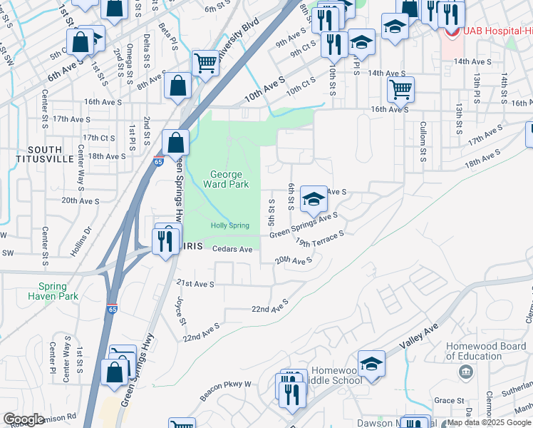 map of restaurants, bars, coffee shops, grocery stores, and more near 1924 5th Street South in Birmingham