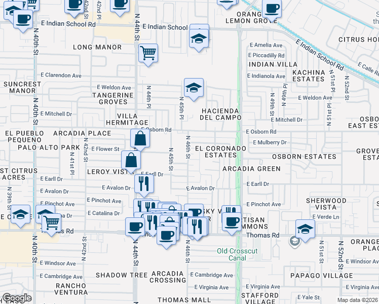 map of restaurants, bars, coffee shops, grocery stores, and more near 4600 East Flower Street in Phoenix