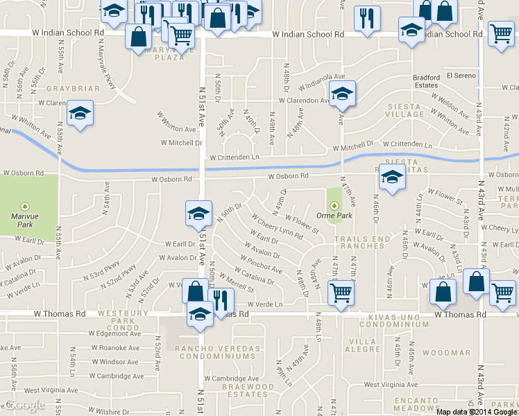 map of restaurants, bars, coffee shops, grocery stores, and more near 4943 West Flower Street in Phoenix