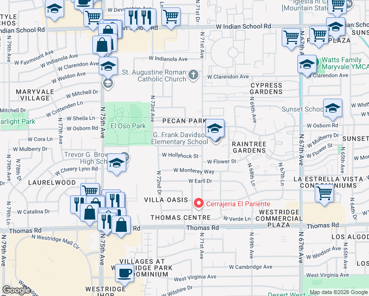 map of restaurants, bars, coffee shops, grocery stores, and more near 7141 West Flower Street in Phoenix