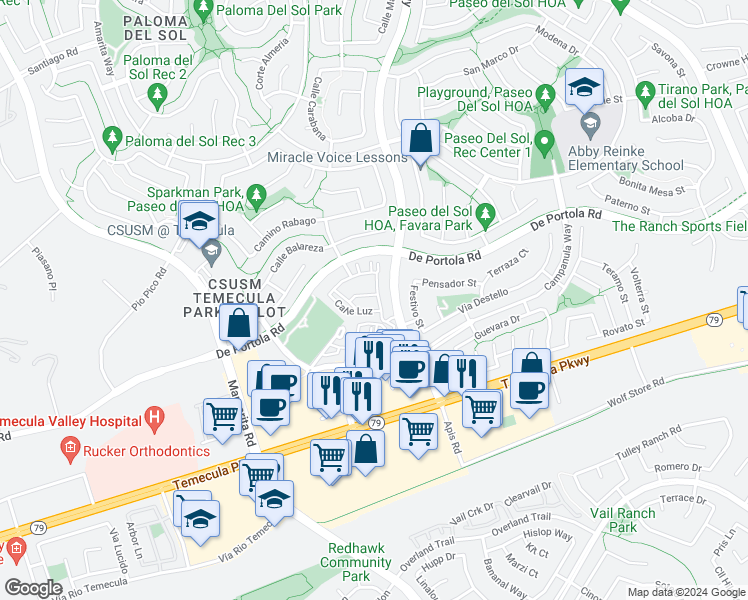 map of restaurants, bars, coffee shops, grocery stores, and more near 31871 Calle Brio in Temecula