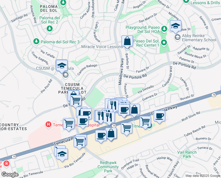 map of restaurants, bars, coffee shops, grocery stores, and more near 31847 Calle Brio in Temecula