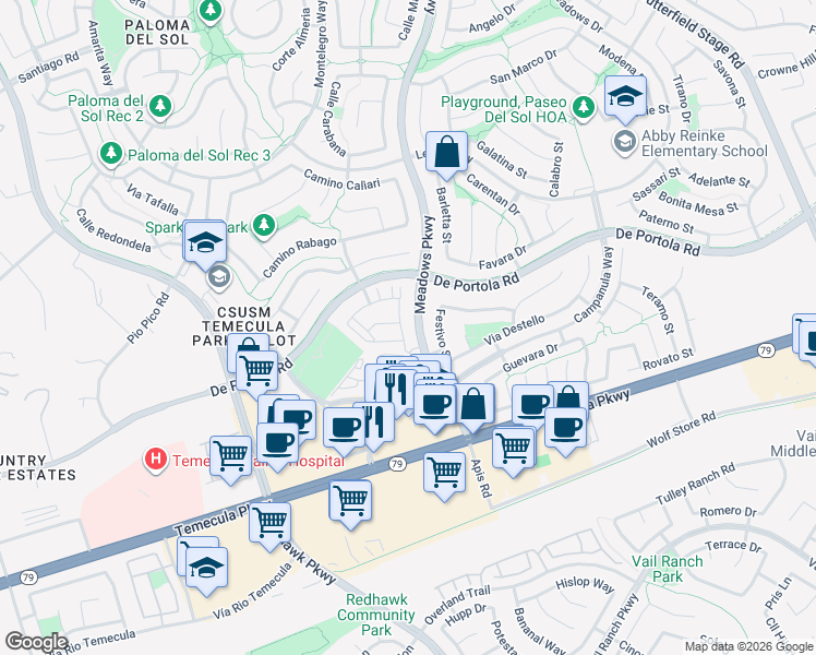map of restaurants, bars, coffee shops, grocery stores, and more near 44132 Calle Allicante in Temecula