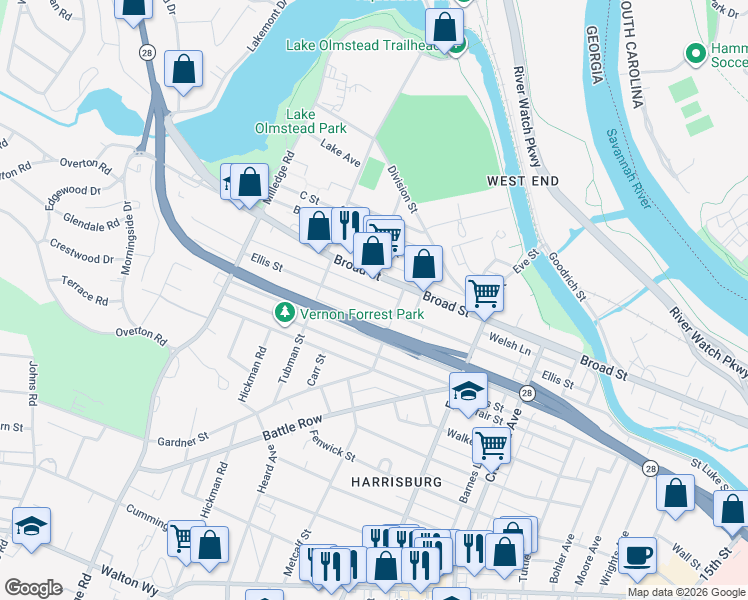 map of restaurants, bars, coffee shops, grocery stores, and more near 2017 Ellis Street in Augusta