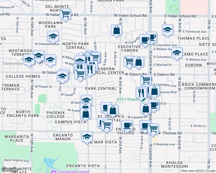 map of restaurants, bars, coffee shops, grocery stores, and more near 414 West Flower Street in Phoenix