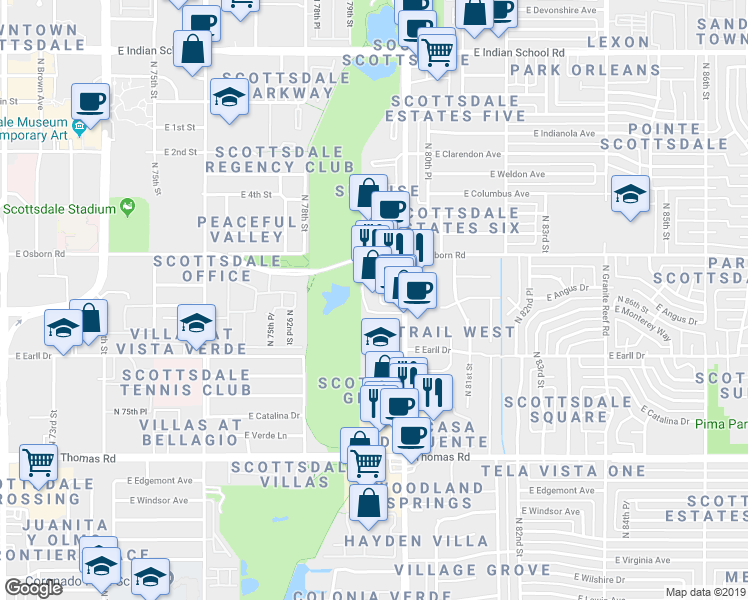 map of restaurants, bars, coffee shops, grocery stores, and more near 3330 North Hayden Road in Scottsdale