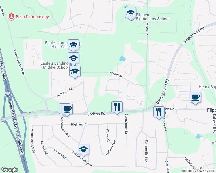 map of restaurants, bars, coffee shops, grocery stores, and more near 76 Harold Drive in McDonough