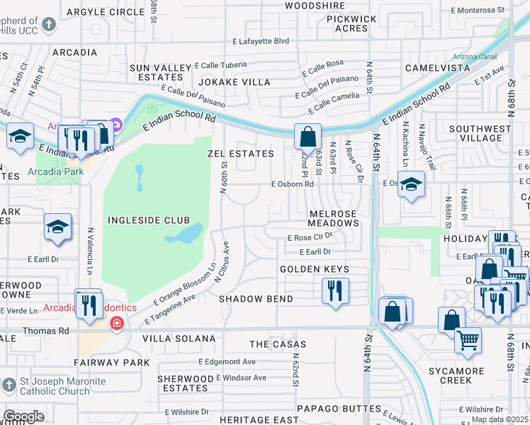 map of restaurants, bars, coffee shops, grocery stores, and more near 3314 North 61st Place in Scottsdale