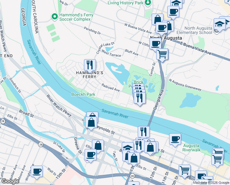 map of restaurants, bars, coffee shops, grocery stores, and more near 61 Lafayette Street in North Augusta