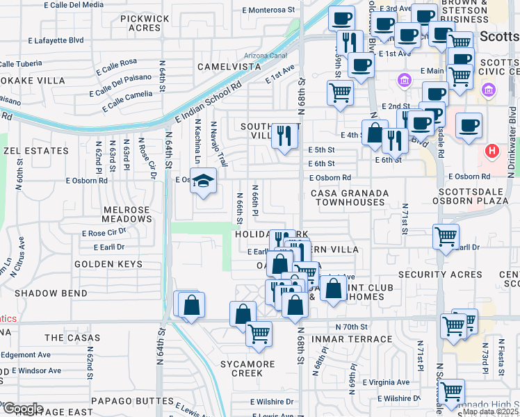 map of restaurants, bars, coffee shops, grocery stores, and more near 3301 North 66th Place in Scottsdale