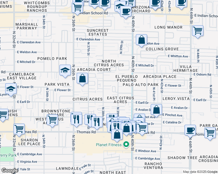 map of restaurants, bars, coffee shops, grocery stores, and more near 3202 North 39th Street in Phoenix