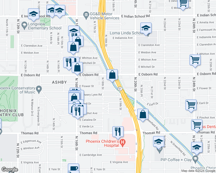 map of restaurants, bars, coffee shops, grocery stores, and more near 1840 East Monterey Way in Phoenix