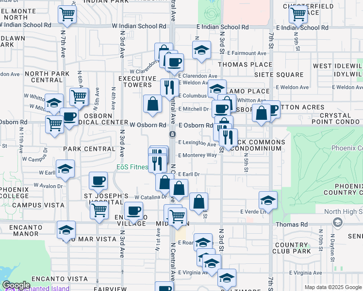 map of restaurants, bars, coffee shops, grocery stores, and more near 1 East Lexington Avenue in Phoenix