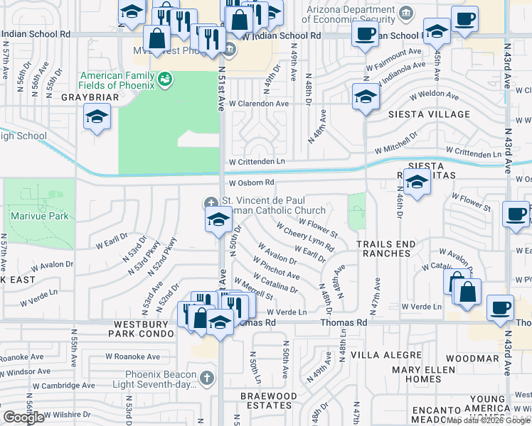 map of restaurants, bars, coffee shops, grocery stores, and more near 3202 North 50th Drive in Phoenix
