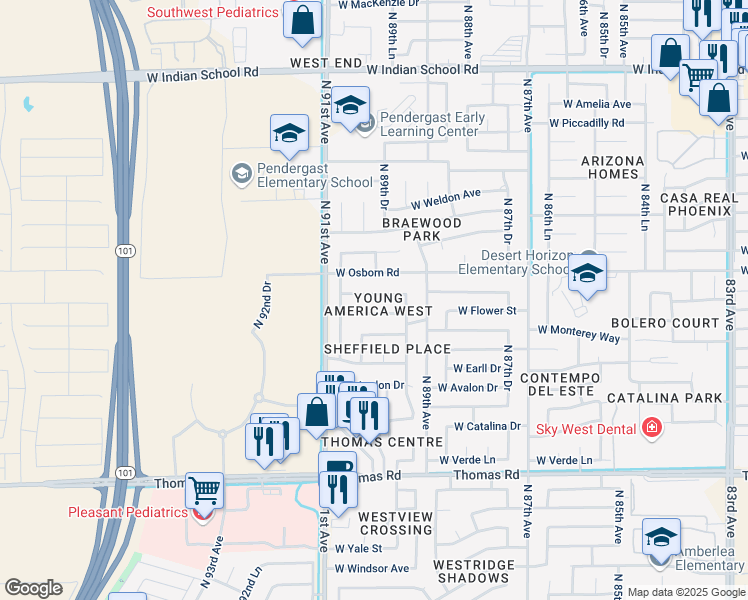 map of restaurants, bars, coffee shops, grocery stores, and more near 8929 West Mulberry Drive in Phoenix