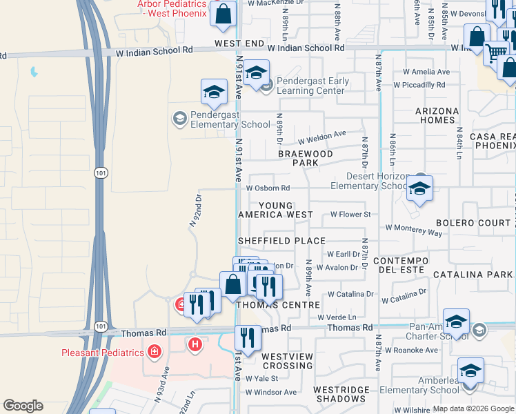 map of restaurants, bars, coffee shops, grocery stores, and more near 9021 West Mulberry Drive in Phoenix